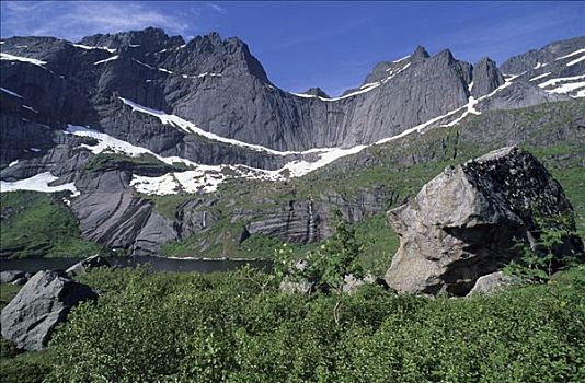 山景,崎岖,花冈岩,圆顶,雪,漂石,围绕,小,高山湖,靠近,岛屿,罗弗敦群岛,诺尔兰郡,挪威,斯堪的纳维亚,欧洲