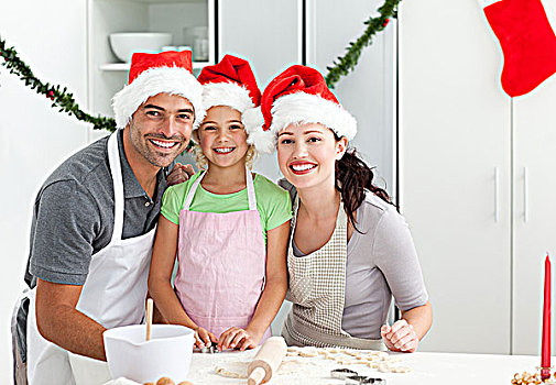 一个,男人,肖像,妻子,女儿,烹调,圣诞饼干,厨房