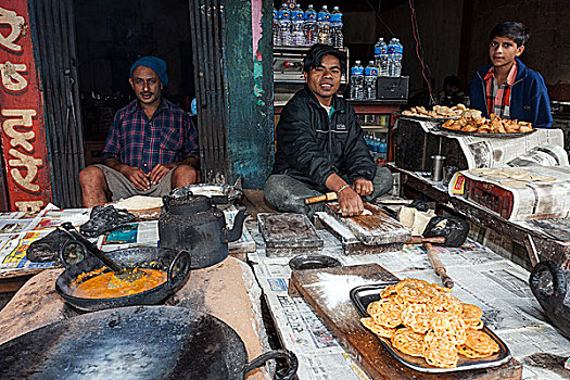 尼泊尔人,路边,餐馆,餐具,准备好,尼泊尔,亚洲