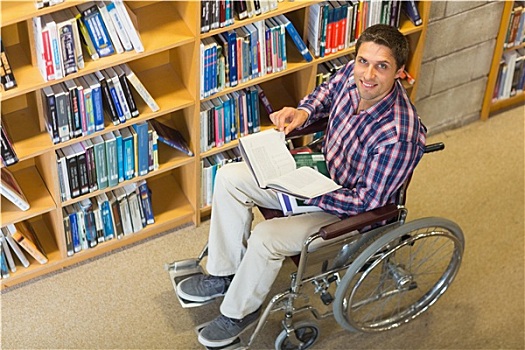 男人,轮椅,书架,图书馆