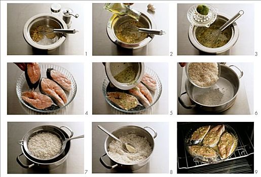 准备,烤制食品,鲑鱼肉饼,印度香米