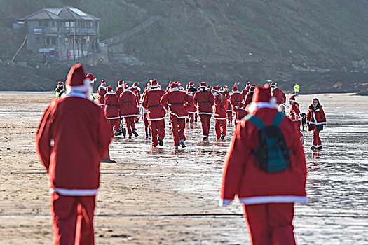 圣诞老人,跑,海滩,康沃尔