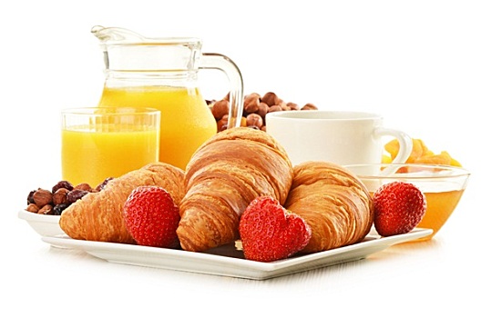早餐,牛角面包,咖啡杯,水果