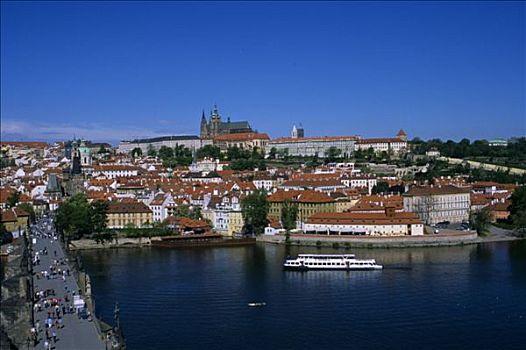 捷克共和国,布拉格,一堆,查理大桥,船,伏尔塔瓦河,城堡,背影