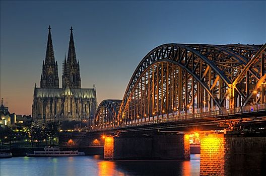 科隆大教堂,桥,夜晚,北方,德国,欧洲