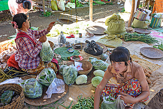旋转,市场,摊贩,蔬菜,人,茵莱湖,掸邦,缅甸