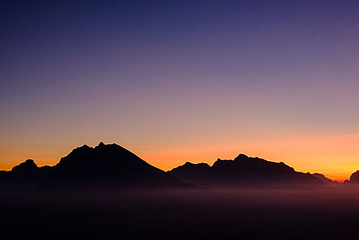 瓦茨曼山,晚间,红色,傍晚,贝希特斯加登阿尔卑斯山,国家公园,上巴伐利亚,巴伐利亚,德国,欧洲