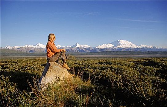 女性,远足者,注视,山,麦金利山,德纳里峰国家公园,阿拉斯加
