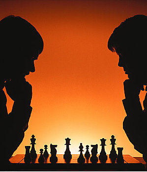 剪影,两个人,玩,下棋