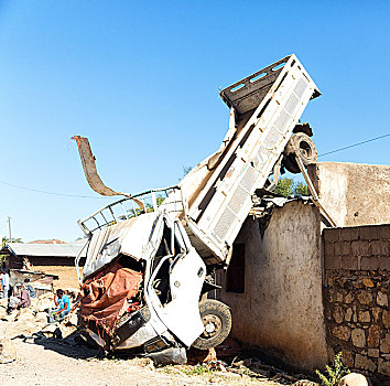 达纳基勒,埃塞俄比亚,非洲,乡村,破损,卡车,向上,房子,概念,危险