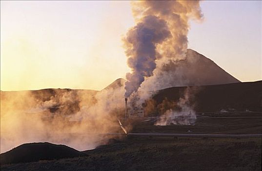 地热发电站,蒸汽,晚上,太阳,靠近,冰岛,欧洲