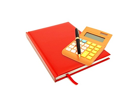 红色,日记,计算器,笔,隔绝,白色背景