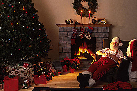 圣诞老人,睡觉,壁炉