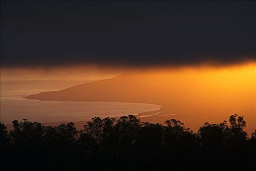 夏威夷,毛伊岛,湾,日落,乌云,高处
