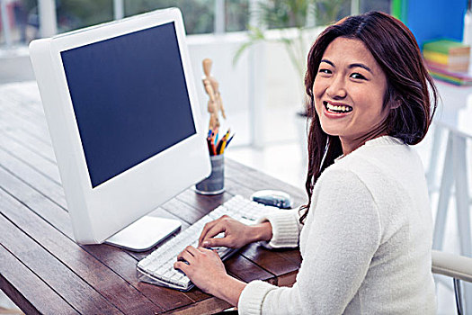 微笑,亚洲女性,电脑,后视,摄影,办公室