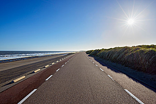 堤岸,道路,太阳,北海,荷兰