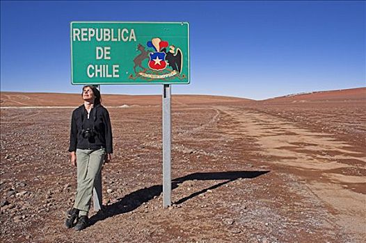 女人,路标,边界,智利,玻利维亚,阿塔卡马沙漠,南美