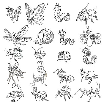 昆虫,卡通,线条艺术,轮廓,矢量,插画,蚂蚁,蜜蜂,甲虫,蝴蝶,毛虫,蜻蜓