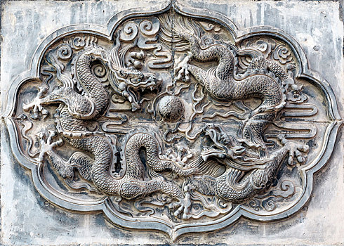 中式影壁墙龙雕,中国河南省开封市朱仙镇岳飞庙