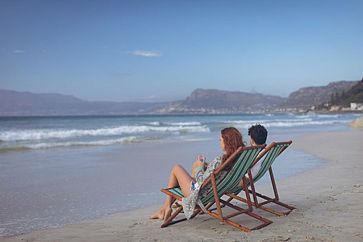 情侣,放松,沙滩椅,海滩