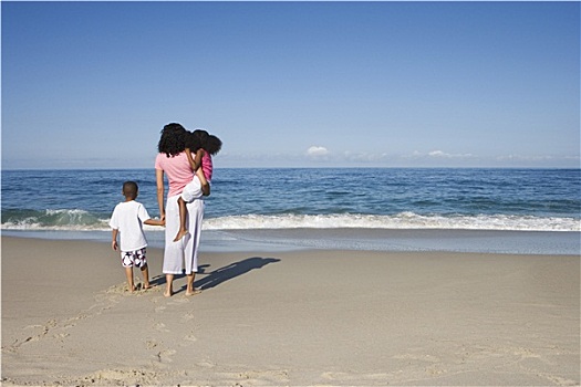 母亲,两个孩子,5-7岁,站立,沙滩,看,大西洋,地平线,后视图