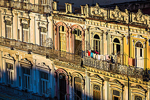 俯拍,洗衣服,晾衣服,建筑,露台,哈瓦那,古巴