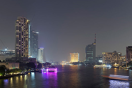 湄南河,天际线,夜晚,风景,桥,曼谷,泰国,亚洲