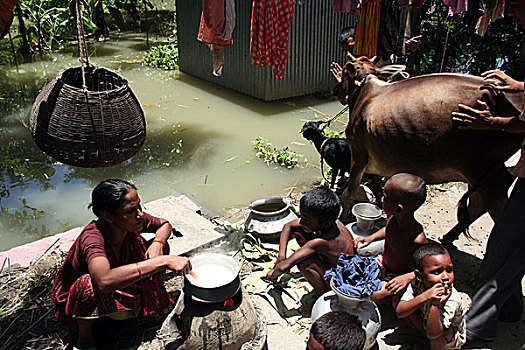 家庭,受困,水,乡村,靠近,地区,孟加拉,人,洪水,八月,2007年