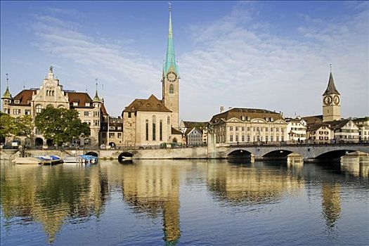 历史,中心,苏黎世,利马特河,教堂,桥,右边,瑞士,欧洲