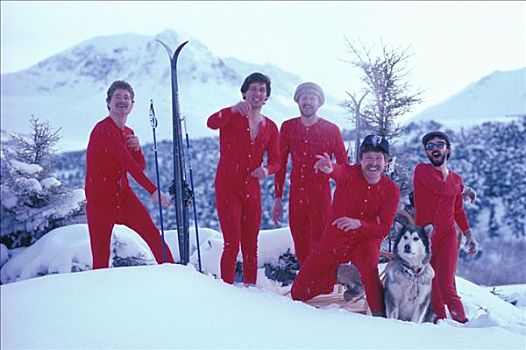 一群人,玩,雪中,长,内衣,阿拉斯加,滑雪,山峦