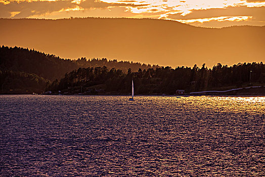 日落,帆船,挪威,欧洲