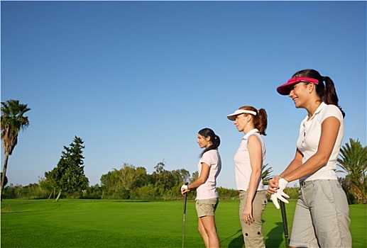 高尔夫,三个,女人,排列,青草,场地