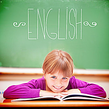 英文,可爱,学生,坐,书桌,文字