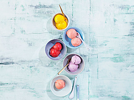 俯视,彩色,舀具,意大利冰淇淋,冰淇淋,碗,勺子,棚拍