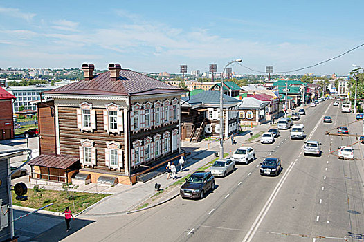 圆木,房子,街道,老城,伊尔库茨克,西伯利亚,俄罗斯联邦
