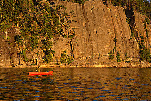 男人,岩石上,湖,阿尔冈金,公园,安大略省,加拿大