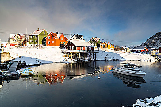 彩色,房子,雪中,渔村,罗弗敦群岛,挪威