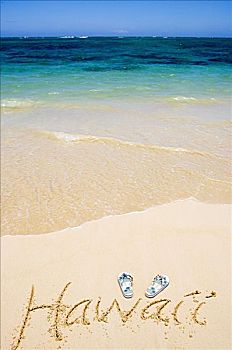 一对,夏威夷,风格,人字拖鞋,书写,沙子,美好,蓝色,海洋