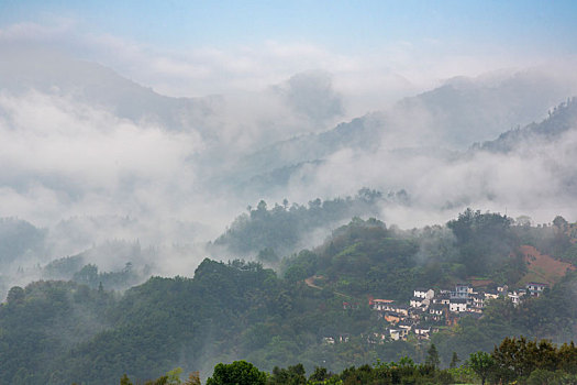 晨雾弥漫坡山村