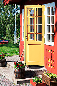 正前,华丽,建筑,瑞典,木屋,涂绘,红色,黄色