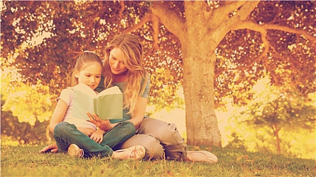 母女,读,书本,公园