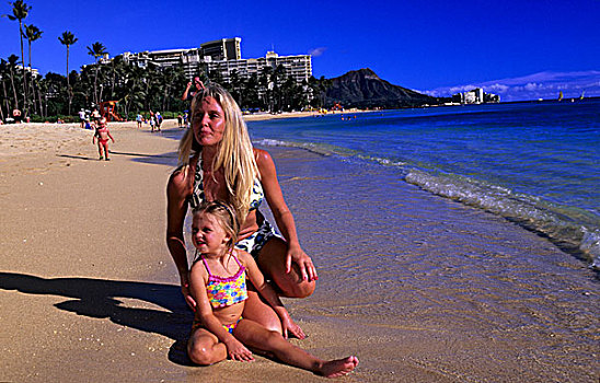 妈妈,女儿,威基基海滩,瓦胡岛,夏威夷,美国