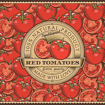 旧式,红色,西红柿,标签,无缝,图案