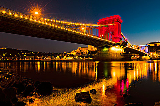 光亮,链索桥,上方,多瑙河,蓝色,钟点,布达佩斯,匈牙利,欧洲
