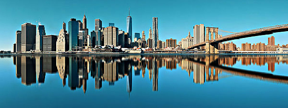 曼哈顿,金融区,摩天大楼,布鲁克林大桥,反射