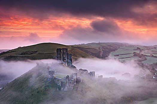 英格兰,多西特,城堡,遗址,上升,晨雾