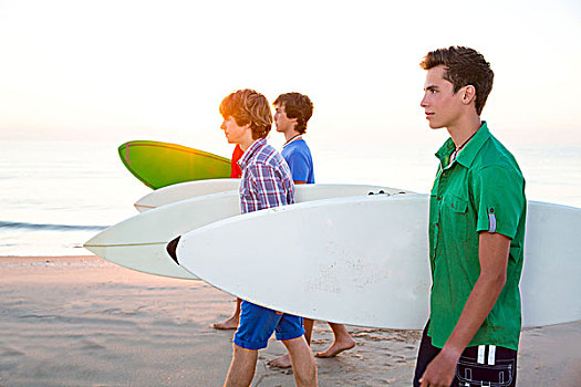 冲浪,青少年,海滩,岸边,阳光,日落