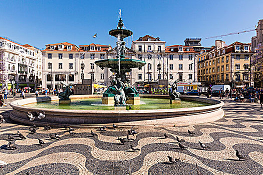 喷泉,正面,城市,建筑,罗西奥,市区,里斯本,葡萄牙