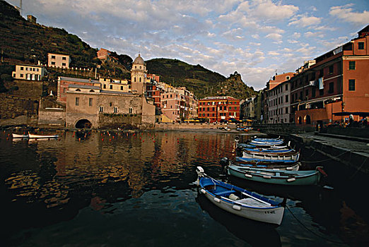 意大利,利古里亚,五渔村,维纳扎,里维埃拉,港口,黄昏,大幅,尺寸