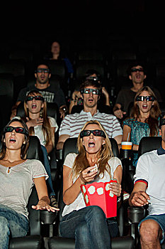 观众,穿,3d眼镜,电影院,惊奇,表情,脸